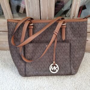 Michael Kors Brown Canvas Logo Tote with Tan Trim and Gold Charm
